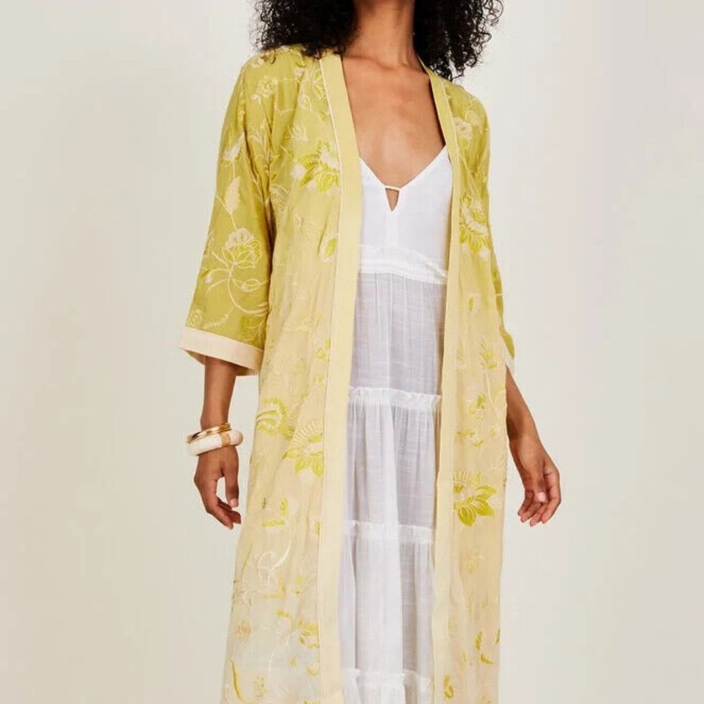 Monsoon Frankie Fringe Embroidered Kimono Yellow Dress S